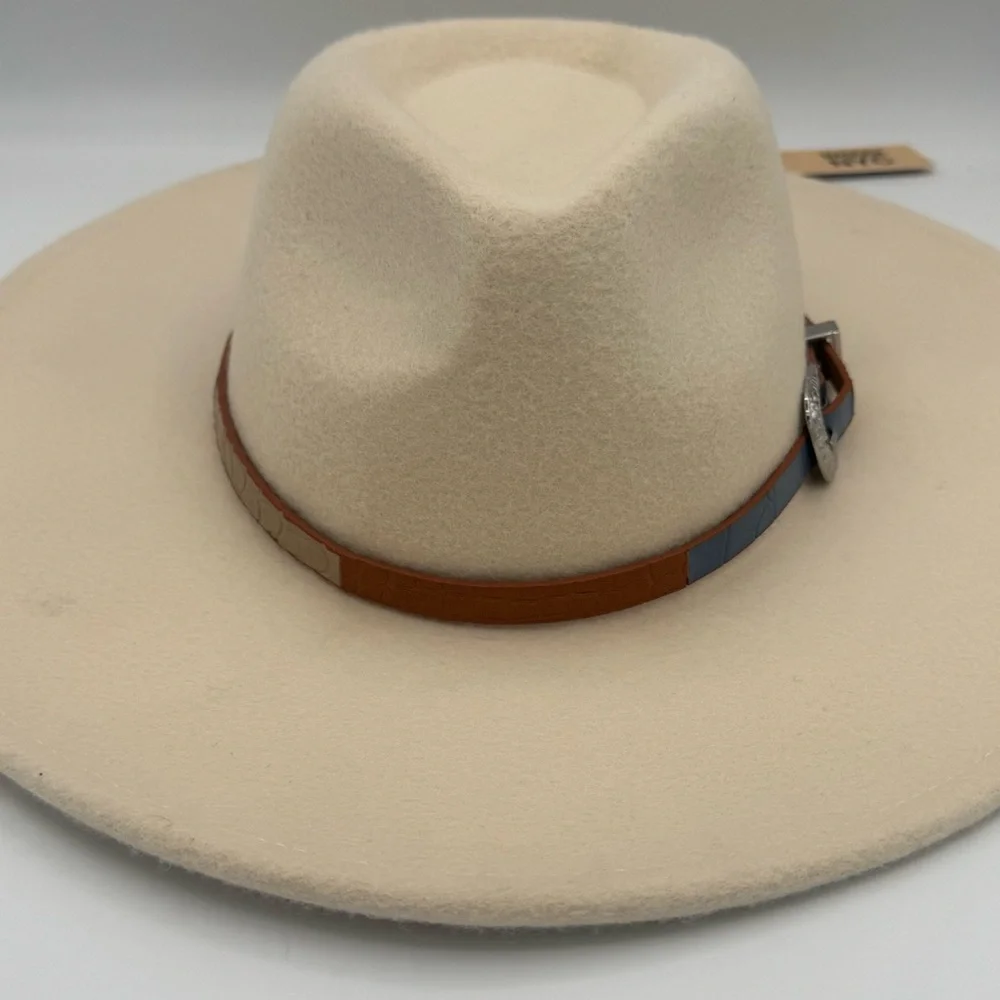 NWT Madden NYC Cream Wide Brim Felt Western Cowboy Cowgirl Hat with Hat Band - Picture 5 of 10